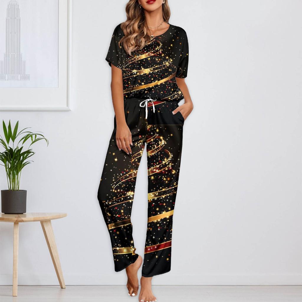 Женский шелковый атласный пижамный комплект с рождественским принтом, рубашка с коротким рукавом и длинные пижамные штаны, мягкая домашняя одежда