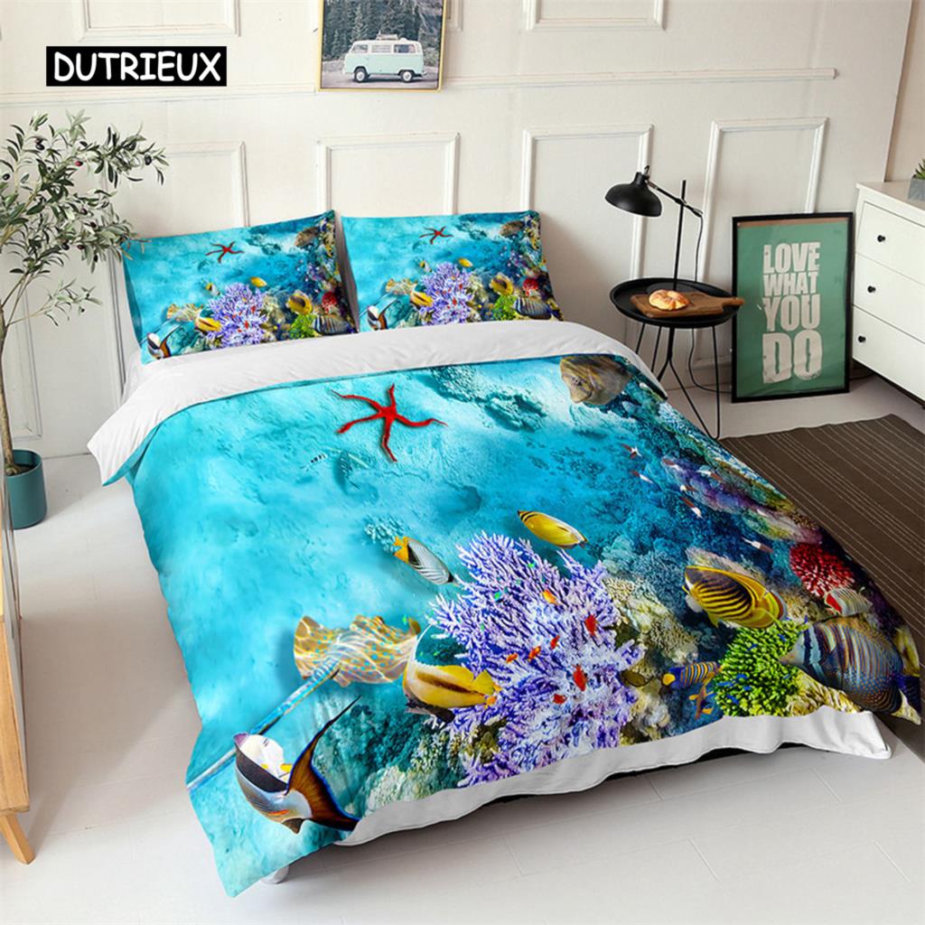 Комплект постельного белья Ocean с изображением синих морских рыб и 3D-принтом для детей. Мягкий полиэстеровый чехол для одеяла Queen King с изображением северного океана