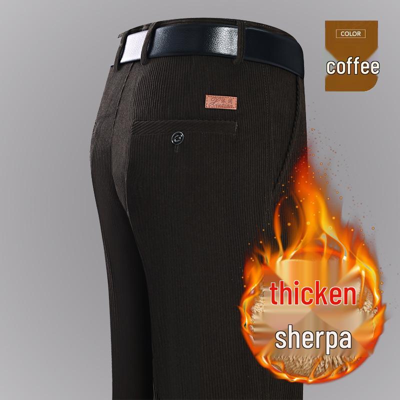 Мужские осенне-зимние брюки из вельвета с велюровым ворсом - Высокая талия, прямая штанина, свободный крой, повседневные брюки для среднего и пожилого возраста