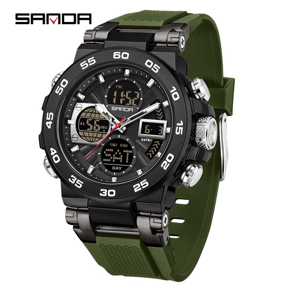 SANDA 6312 Новые стальные спортивные часы с двойным дисплеем и двойным механизмом, водонепроницаемые 5ATM, многофункциональные мужские электронные часы-1