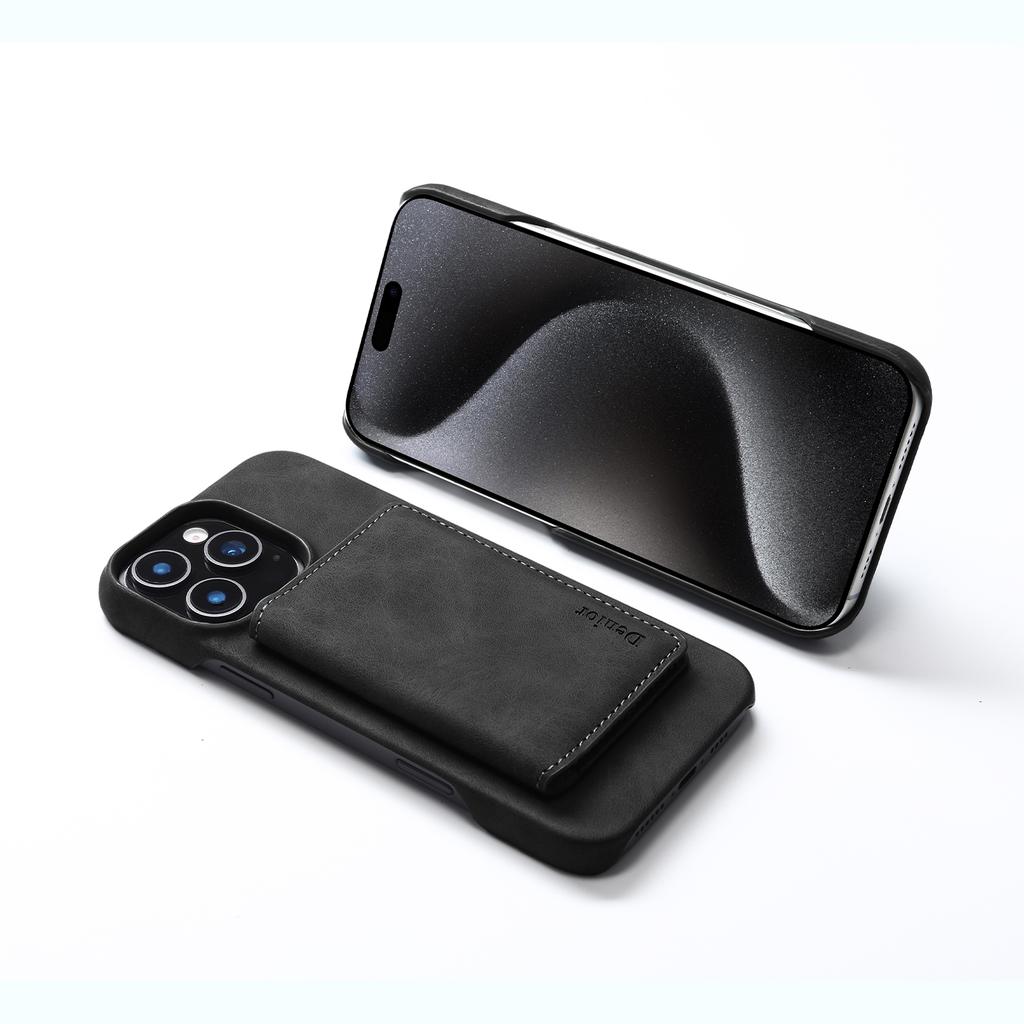 DENIOR D27 For iPhone 16 Pro Magnetic Case RFID Blocking Retro Leather Back Cover with Detachable Card Holder