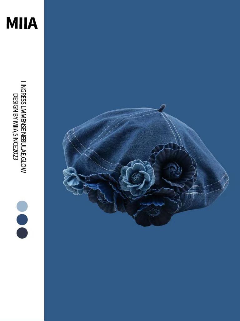 Spring And Summer Contrasting Colors Denim Camellia Trendy Fluffy Painter Hat Casual Fashionable Beret