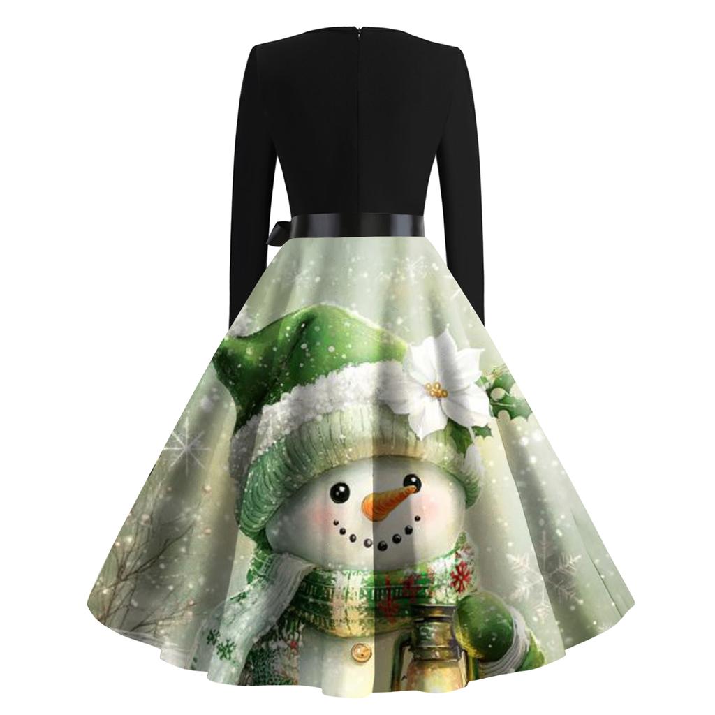 Женское модное ретро вечернее платье с длинным рукавом, квадратным вырезом и рождественским принтом