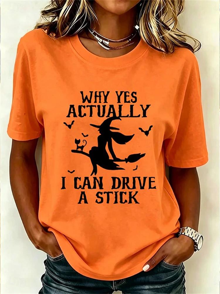 Women's Fashionable Casual Short-Sleeve Halloween T-Shirt with Spooky Skull Print and Round Neckline Perfect for Holiday Parties