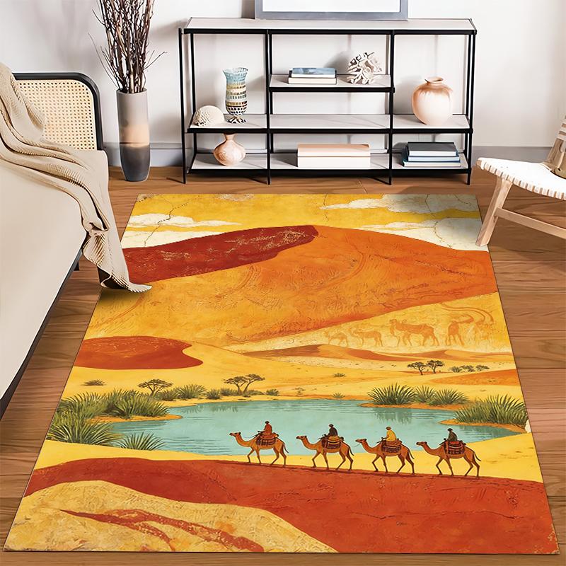 Desert Landscape Carpet with Camels, Vibrant Colors, Unique Design Suitable for use as an anti-slip for living room bedroom sofas