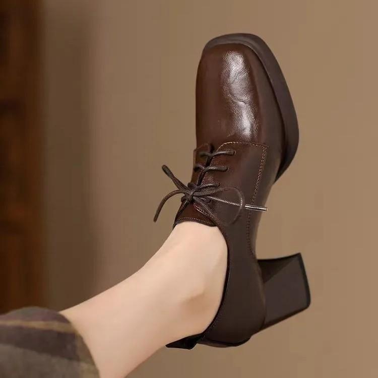 New 100 square head lace-up leather shoes deep mouth single shoes women's 2026 retro style autumn with British style high heels women's shoes