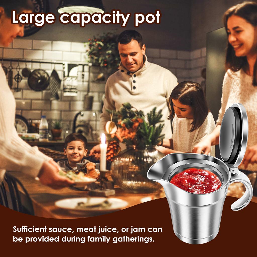 450ML Sauce Dispenser Double Insulated Sauce Gravy Boat Stainless Steel Vinaigrette Pot with Hinged Lid for Restaurant Household
