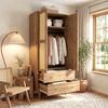 80*50*180cm Dark Wood Look Rattan Wardrobe, Storage Closet with Clothes Rail, Shelves & 2 Drawers, Bedroom Hall Garment Cabinet