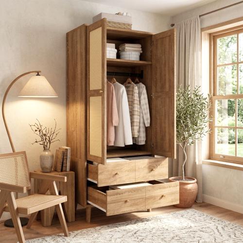 80*50*180cm Dark Wood Look Rattan Wardrobe, Storage Closet with Clothes Rail, Shelves & 2 Drawers, Bedroom Hall Garment Cabinet