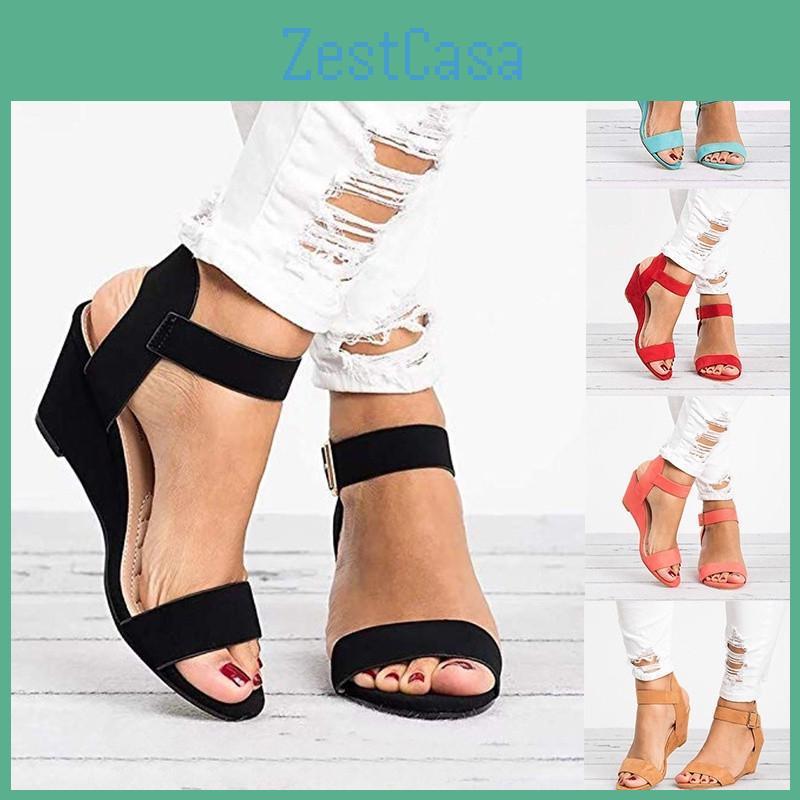 Womens Summer Solid Ladies Fashion Color Sandals Wedge Heels Buckle Strap Roman Shoes