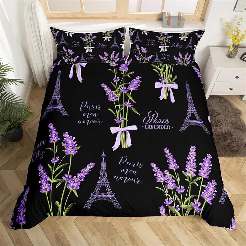 Paris Eiffel Tower Duvet Cover Set Twin King Cherry Blossoms Comforter Cover Microfiber Romantic Theme Bedding Set For Girl Teen