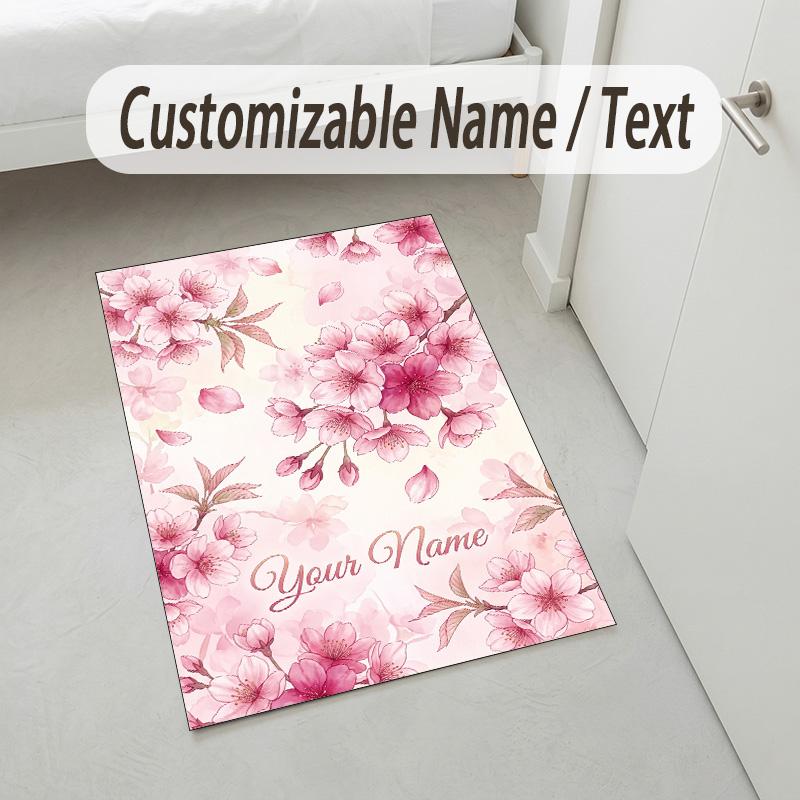 Cherry Blossom Theme Soft Crystal Velvet Rug Custom Name & Text Print Non Slip Floor Rug for Bedroom Living Room