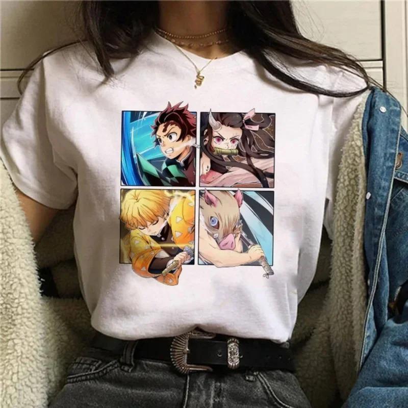 Japanese Anime T-shirt Demon Slayer Oversize Women Clothing Nezuko Kawaii Tees Tanjirou O-Neck Graphic Female Tshirt Manga Tops