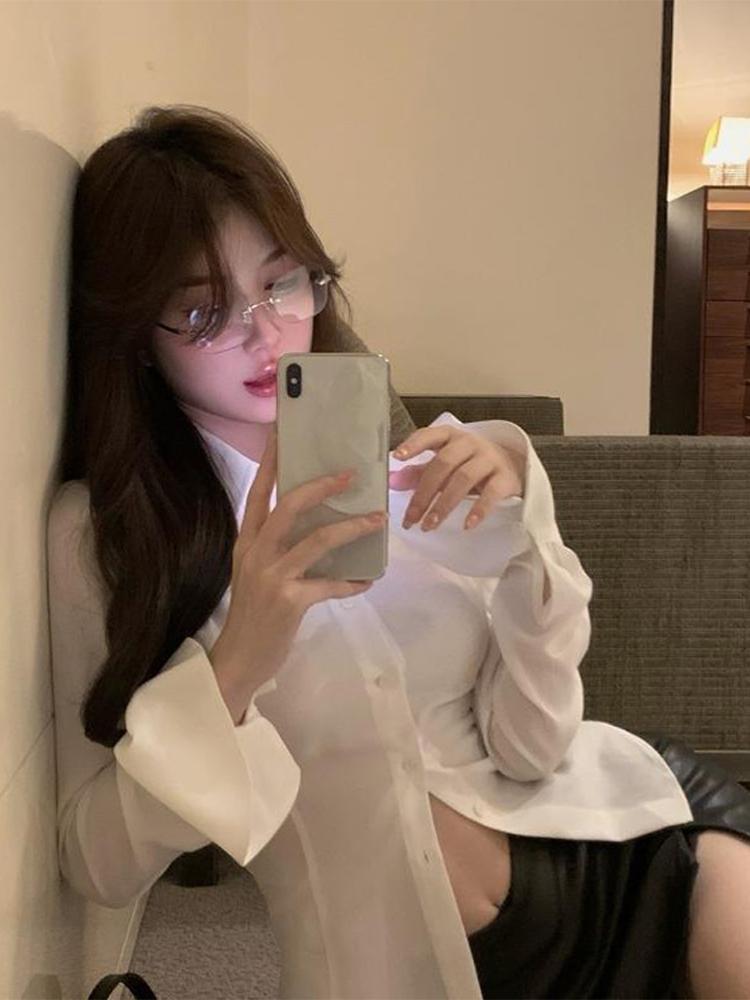 Тонкая женская рубашка с расклешенными рукавами, однобортная однобортная туника с отворотом и повязкой на спине, весенние женские блузки