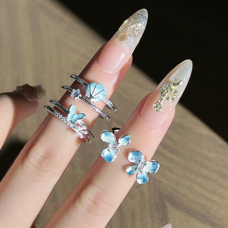 Stacking cream wind blue gradual change blue butterfly flower language smart flower butterfly ring women's fashion cold wind index finger ring