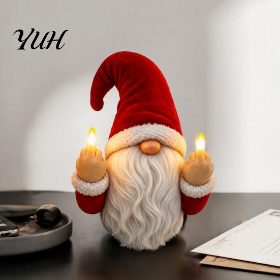 Winter Holiday Atmosphere Lighting Lighted Gnome Ornament, Christmas Statue with Light Up Middle Fingers, Tabletop Festive Table Centerpiece