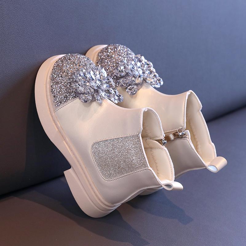 Новые осенне-зимние ботильоны для девочек, роскошные детские сапоги принцессы с блестками, модные универсальные детские повседневные короткие сапоги со стразами