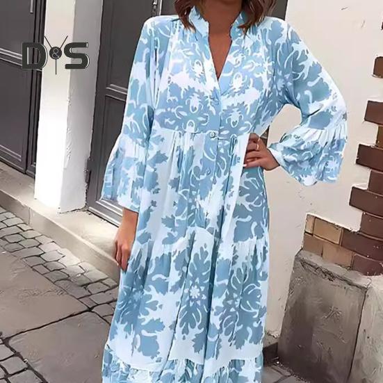 Women Maxi Dress V Neck Floral Printed Pleated Ruffle Patchwork Hem Loow Waist Horn Sleeves Single-breasted Daily Commuting Long Dress