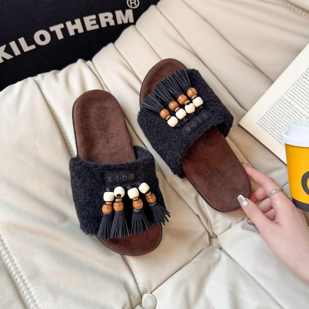 Нишевые ретро тапочки-шлепанцы с кисточками женские 2025 новые удобные и легкие домашние тапочки