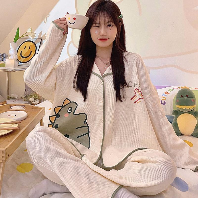 Весенне-осенний женский мультяшный вафельный пижамный комплект с длинными рукавами для дома, свободный милый повседневный домашний костюм для студентов