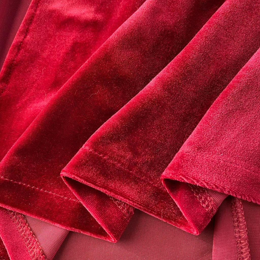 Elegant Ruffle Patchwork Velvet Dress Women Contrast Color Long Sleeve Split Evening Dresses Autumn Winter New Sweet Red Prom Clothes