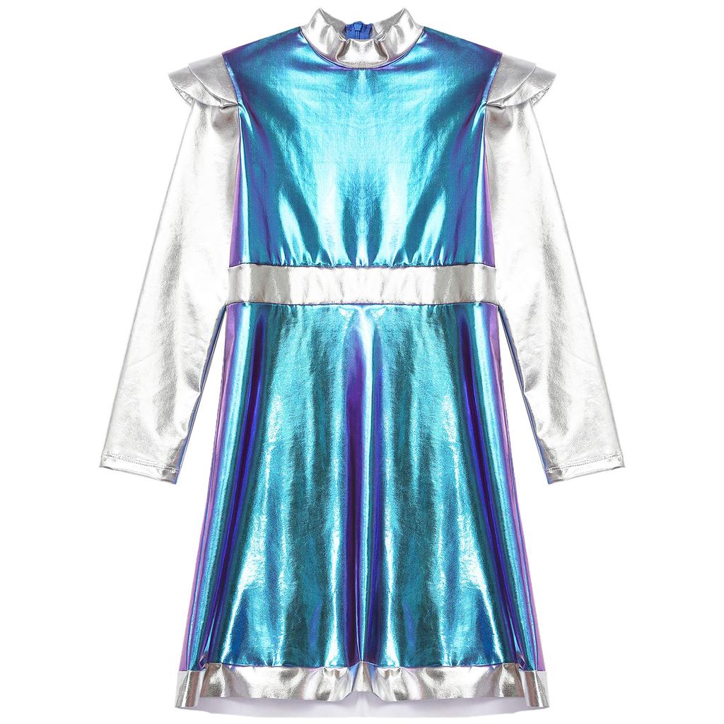 Костюм Космическая Милашка для Девочки: Мерцающее Пэчворк-платье с инопланетным дизайном из ПУ для Хэллоуина и Sci-Fi Ролевых Вечеринок