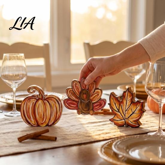 Autumn Harvest Table Decorations 3Pcs Thanksgiving Wooden Block Signs, Fall Pumpkin Turkey Maple Leaf Tabletop Display Ornaments Decor, Farmhouse
