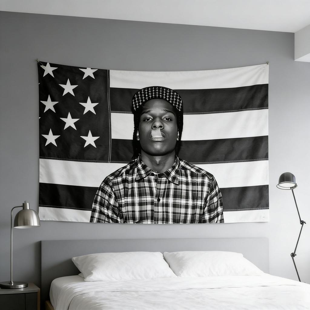 ASAP Rocky Раким Майерс Гобелен Хип-Хоп Рэп Музыка Настенный Флаг Черно-Белый Серый Арт для Спальни Комнаты в Общежитии Декор