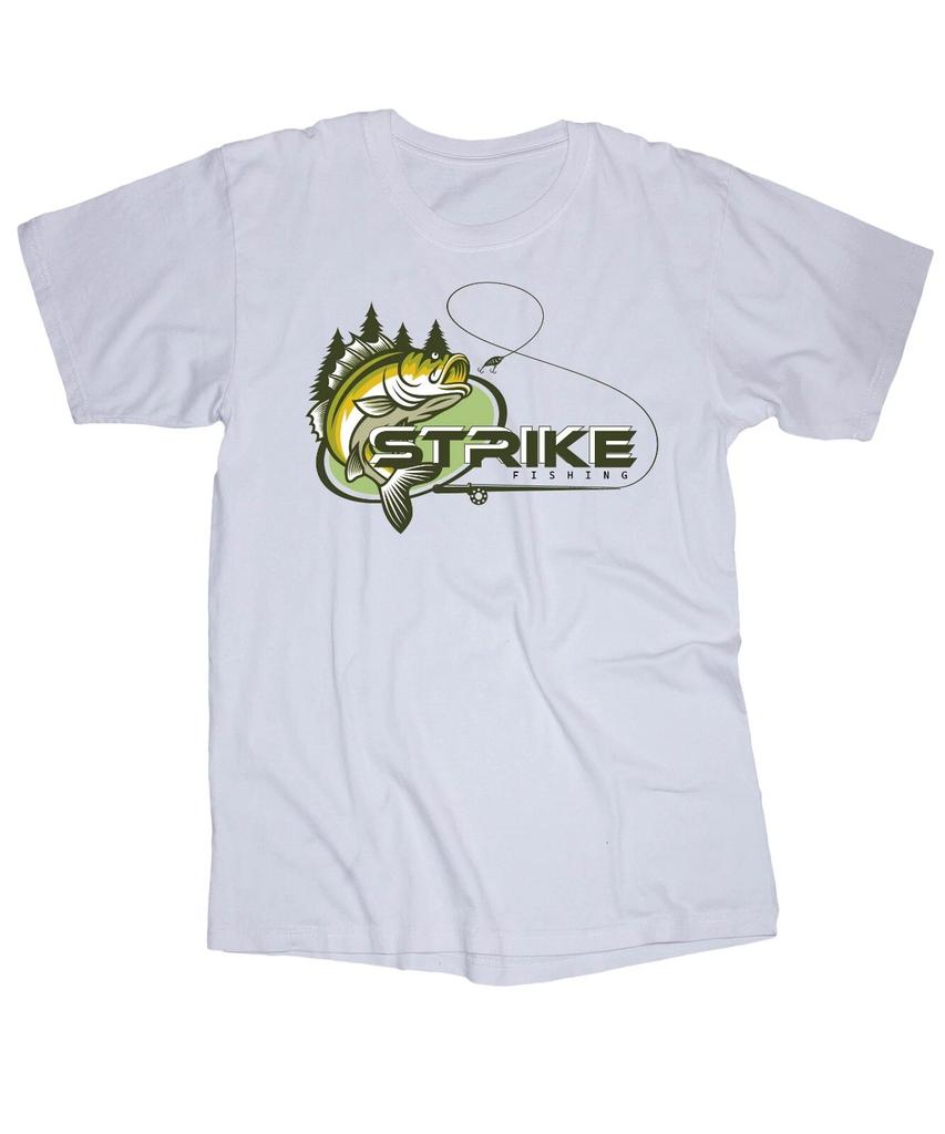 STRIKE FISHING white T-shirt Bass Lake Boating Outdoors Fishing Rod Lures