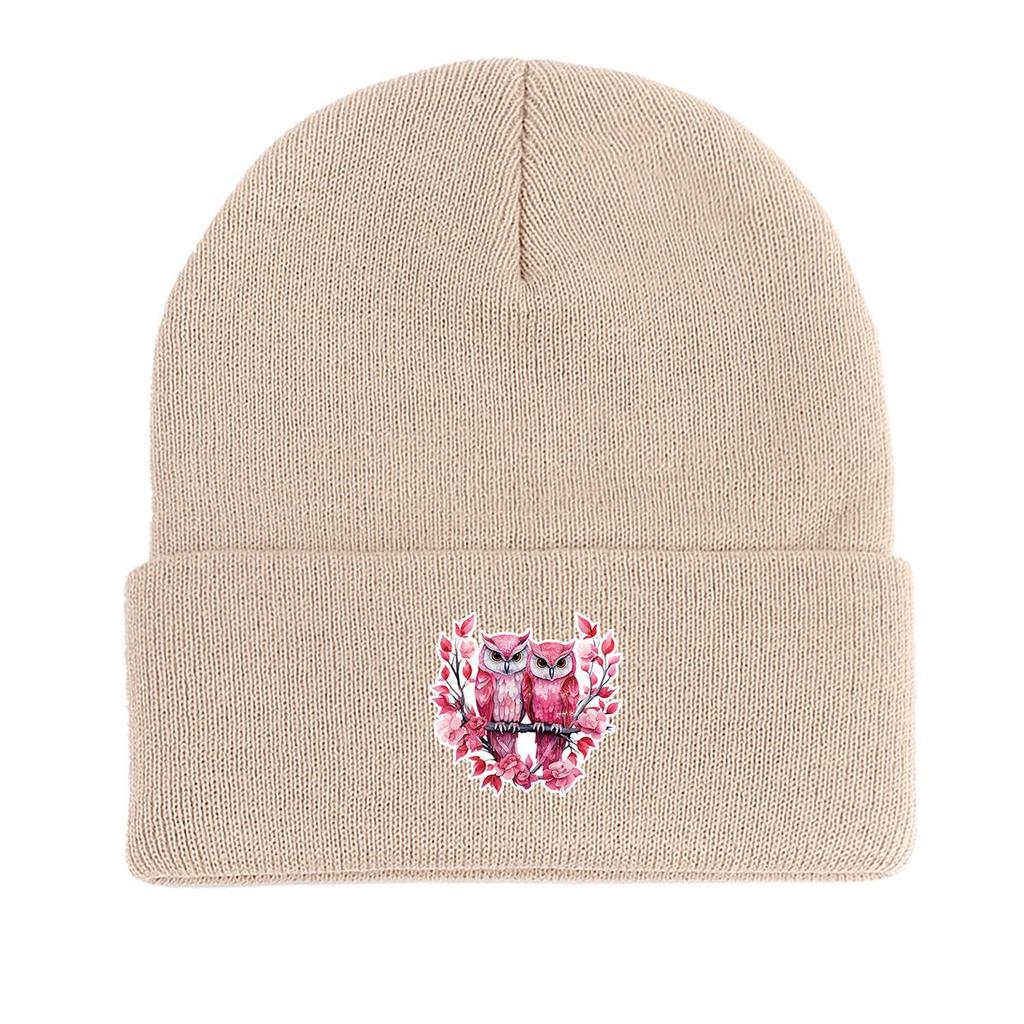 Owls Couple Print Knitted Cap Beanie, Valentine's Day Woman Cap Warm Candy Color Stylish Bobble Hat Knit Hat Beanie
