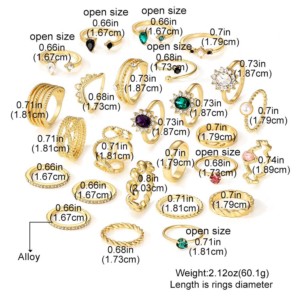26 шт. кольца с бриллиантами, роскошный комплект колец с жемчугом, комбинированные кольца с зелеными драгоценными камнями, кольца с открытым концом для девочек, аксессуары для ужина