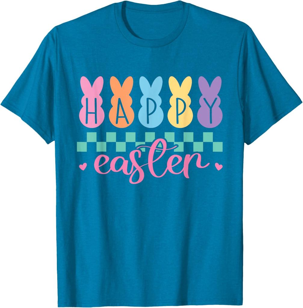 Happy Easter Bunny Graphic Tee Pastel Checkered Print Casual Short Sleeve T-Shirt