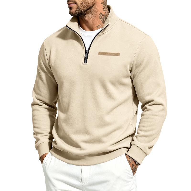 Men’s Half-Zip Long Stand-Up Collar Fleece-Lined Sweatshirt – Plain Coloured, Warm, Long-Sleeved Pull-Over Top