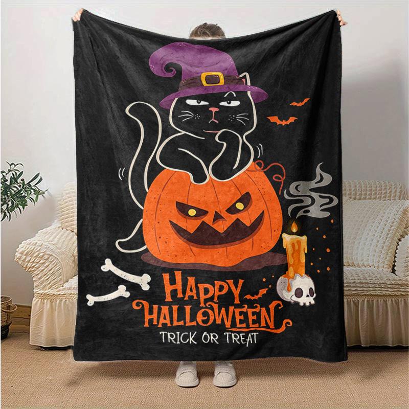 1pc Trick or Treat cat & Pumpkin Halloween Blanket Soft & Cozy, Living Room, Travel, Camping, Car Blankets