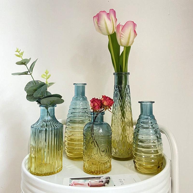 European Roman Relief Art Glass Vase Retro Transparent Glass Vase Mini Flower Bottle Hydroponic Systems Room Home Decoration