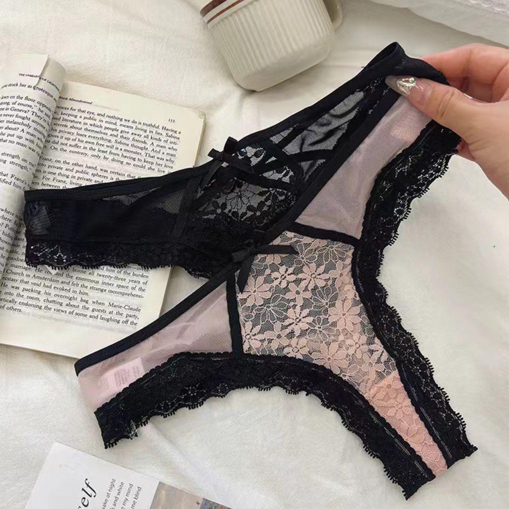 Ruffle Lace Flower Transparent Briefs Thong Mesh Floral Bowknot Panties Comfortable Lady