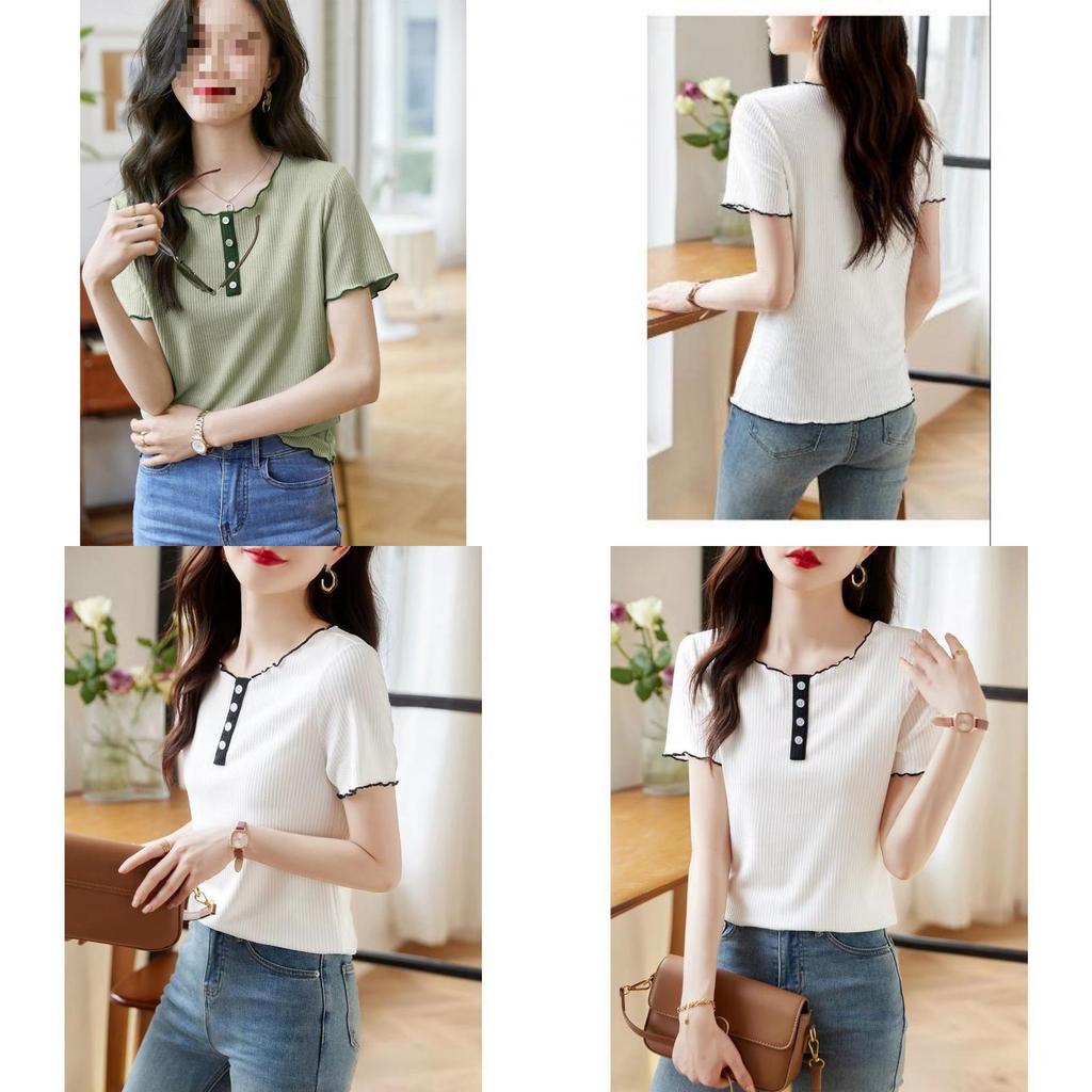 Tshirt Summer Casual Cotton Blend With Color Blocking Design Forwomen