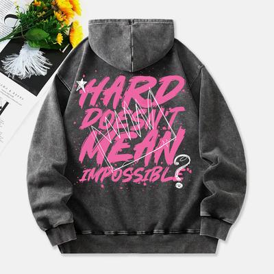 Сложно Не Значит Невозможно Женское Худи с Вареным Эффектом с Буквами Хлопковые Топы с Длинными Рукавами Карман Оверсайз Пуловер Винтажный Женский