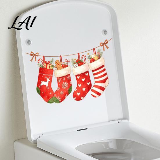Waterproof Glass Door Stickers Christmas Stocking Toilet Stickers PVC Bathroom Decals for Holiday Home Self Adhesive Window Clings Decoration,
