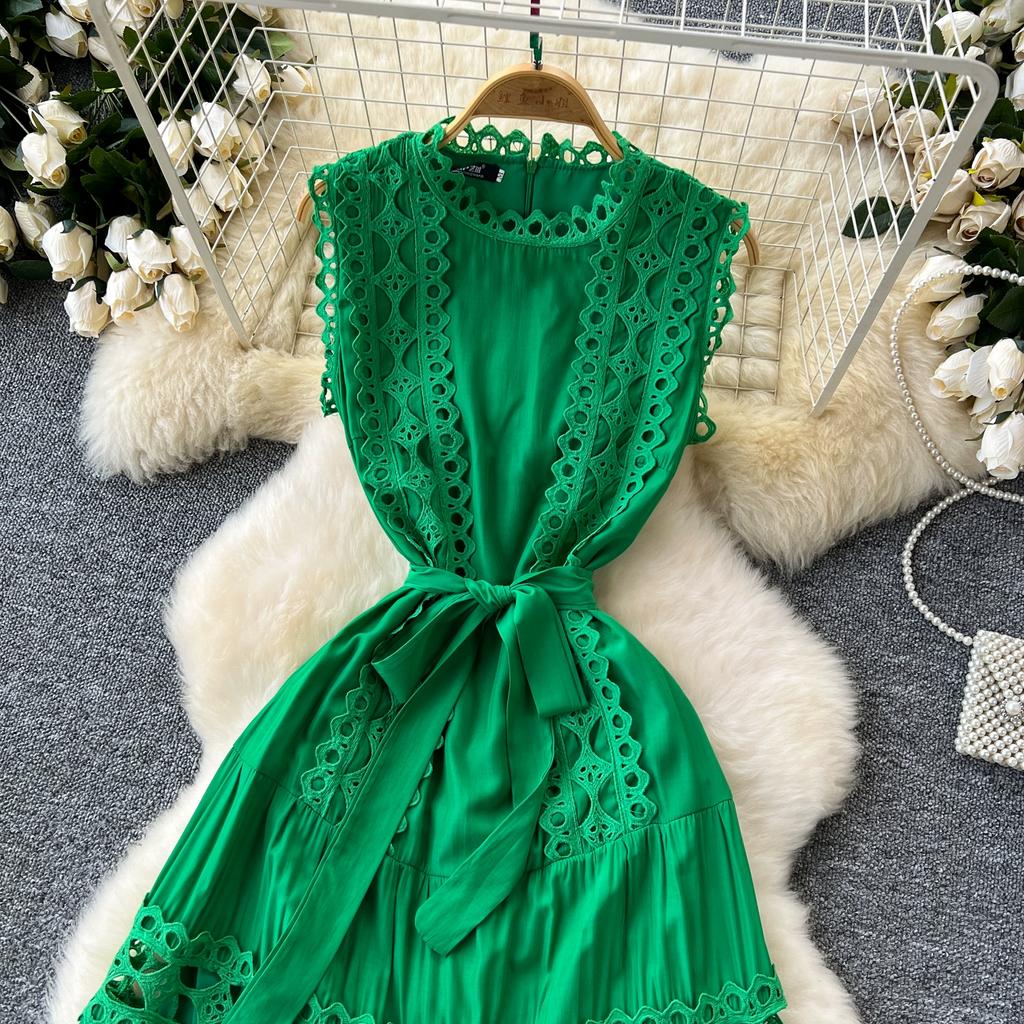 Summer Elegant Lace Spliced Embroidery Long Maxi Holiday Robe Women's Sleeveless Tank Wedding Party Dressess