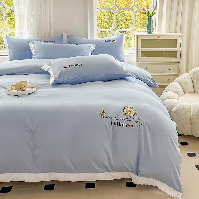 Ins Korean Version of Washed Cotton Bedding Four-piece Set Bed Sheet Quilt Cover Embroidery Dormitory Bedding Three-piece Set