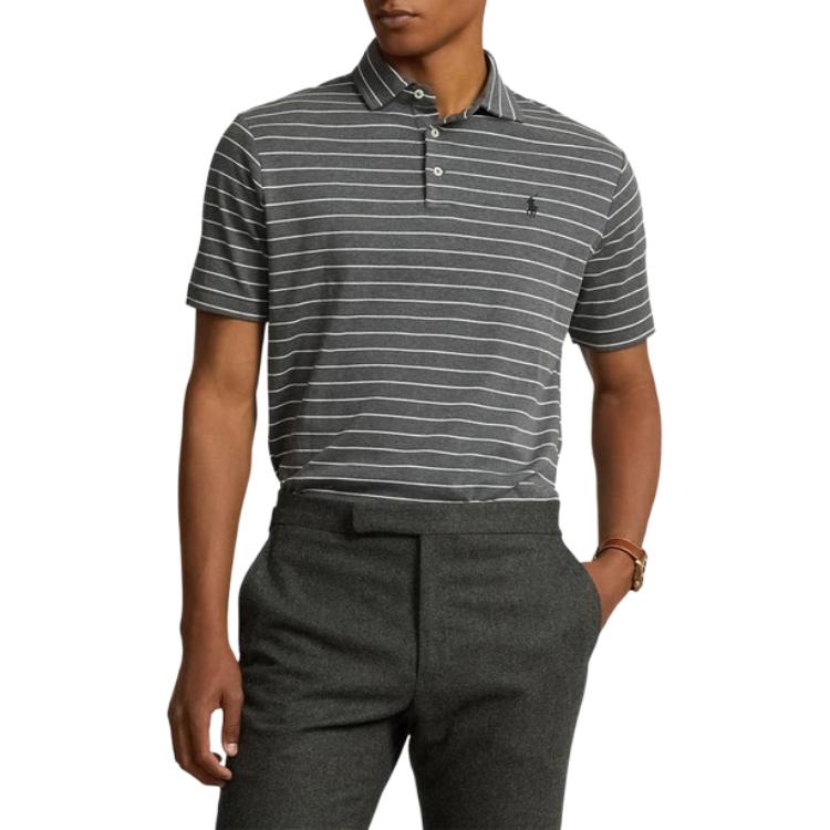 Polo Ralph Lauren SS25 Поло с коротким рукавом из полосатого хлопка с вышивкой логотипа Мужские топы Темно-серый 710916560-003