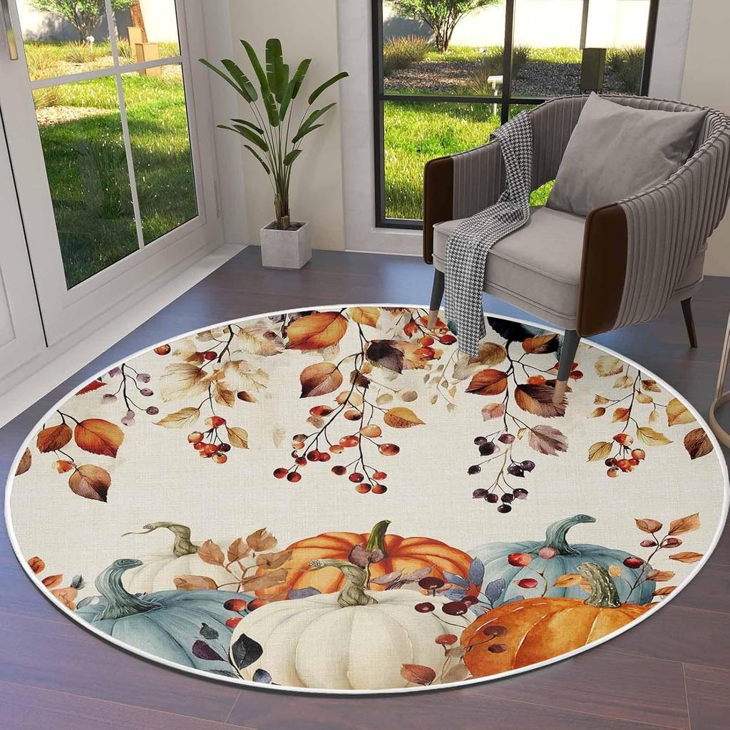 Orange Green Grey Fall Round Area Rugs Soft Area Rug for Kids Room, Botanical Thanksgiving Pumpkins Plaid Washable Living Room