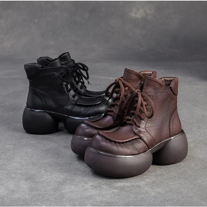 Johnature Натуральная кожа Британский стиль Ретро Толстая подошва Плюшевые Короткие ботинки Универсальная женская обувь на платформе