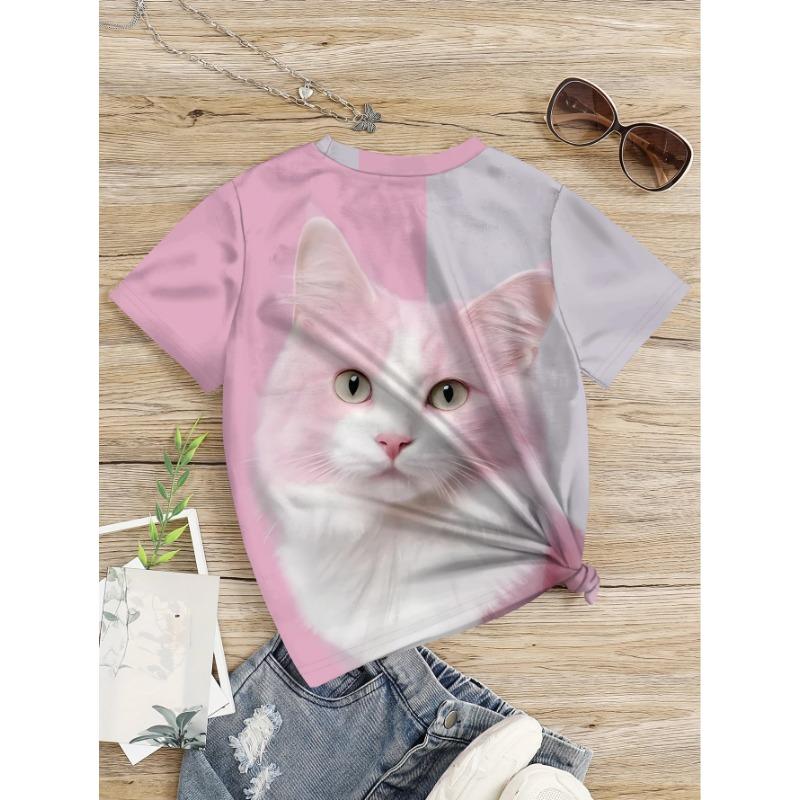 Одежда для девочек, розовая футболка с милым котенком и 3D-принтом, детский топ с круглым вырезом и короткими рукавами
