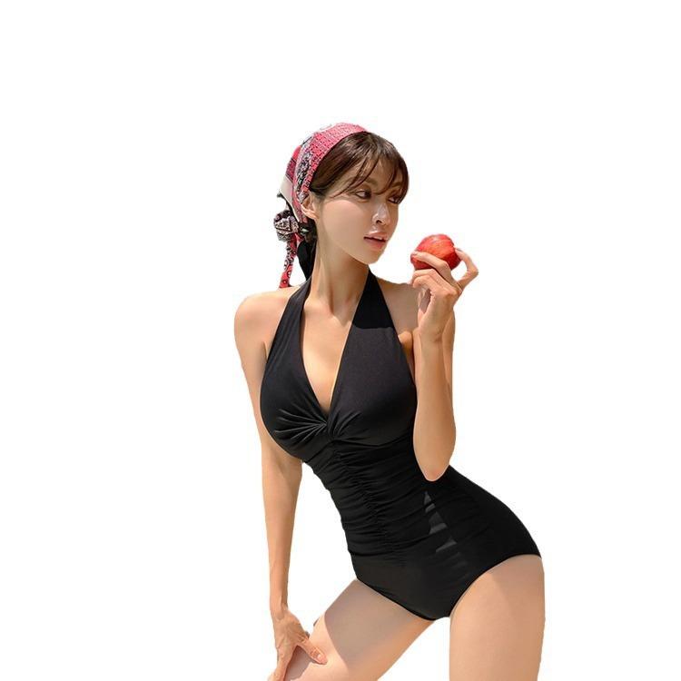 11 New one-piece swimsuit women's sexy low-cut neck halter slim-fit solid-color fashionable neck pleated beach swimsuit