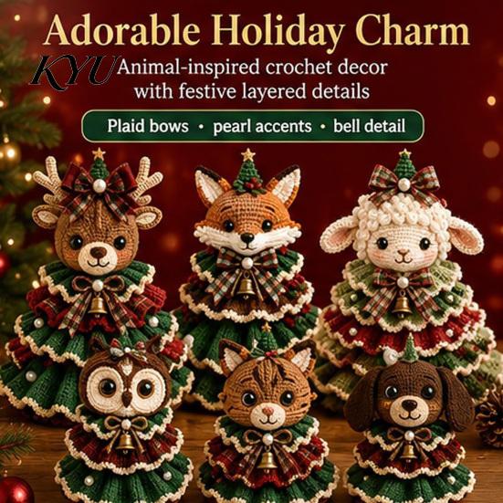 Step by Crochet Tutorial Animal Xmas Tree Kit, Christmas DIY Cute Parent Child Crafting Projects Highland Cow Forest Craft Kit for Beginners, Holiday