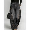 European and American cross-border new jeans women's metal hole design casual loose high waist wide leg jeans Amazon