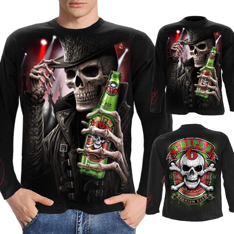 Plus Size Horror Men's T-shirt Long Sleeves Costume Vintage Funny Skull Punk Rock Streetwear Hip Pop Tee Apparel
