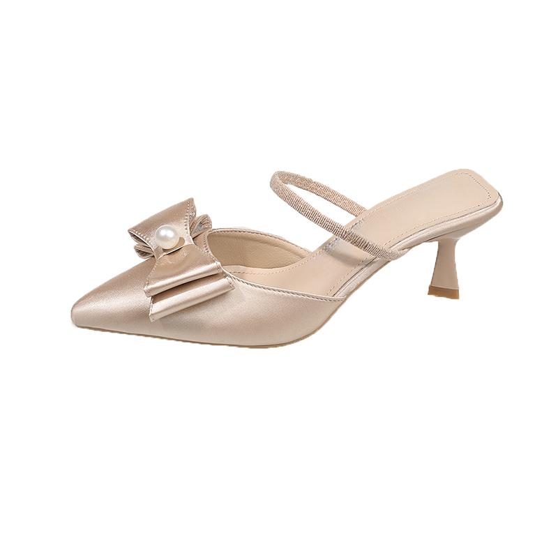Модные жемчужные шлепанцы с бантом-бабочкой, летние новые туфли с острым носком и мелким вырезом на каблуке, устойчивом к скольжению и износу